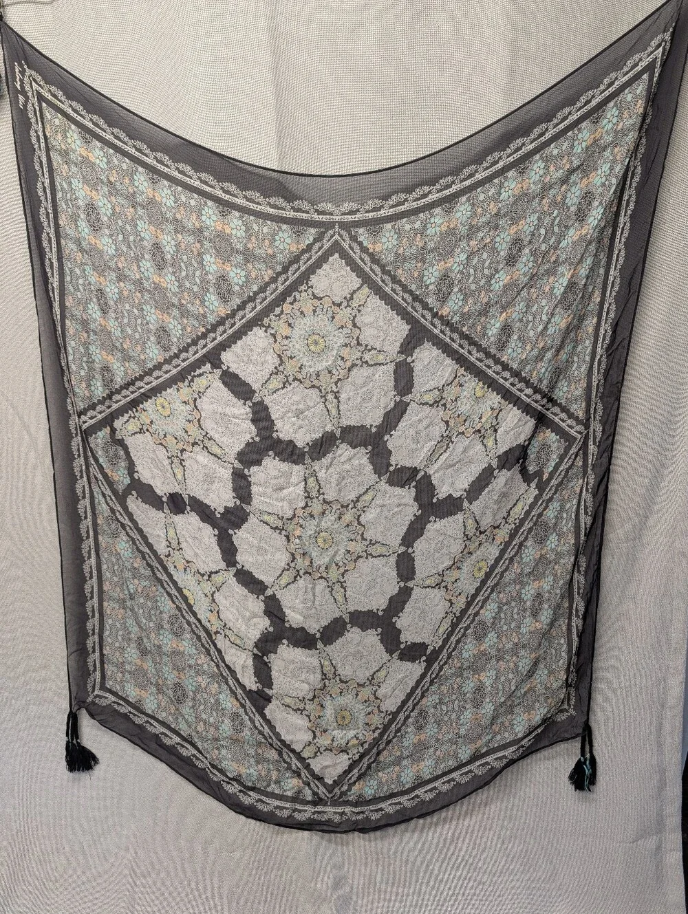 Johnny Was Gray & Light Blue Silk Floral Patterned Decorative Scarf / Wrap